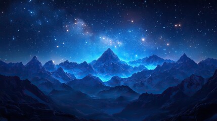 A night sky landscape with mountains and stars creates a breathtaking panorama of nature's beauty