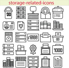 "Storage-Related Editable Stroke Outline Icons Set" features symbols like file folders, cloud storage, databases, hard drives, and archive boxes. These editable stroke icons are used for organizing, s
