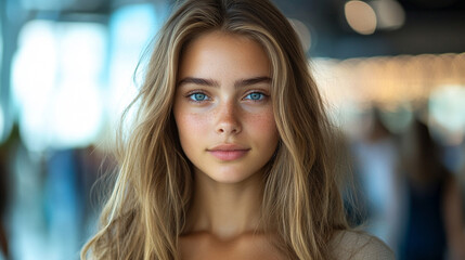 A confident young woman with a slender physique poses with an open shirt, revealing cleavage, against a blurred modern business background, symbolizing empowerment, elegance, and bold self-expression