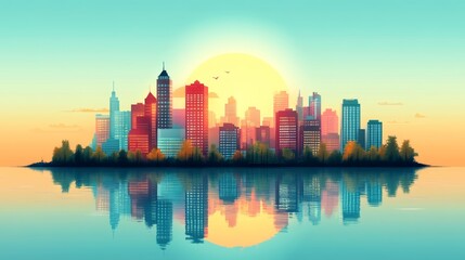 Obraz premium Serene Urban Landscape with Sunset Reflection in Vector Art Style
