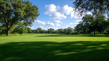 Naklejka premium Vast green lawn under a bright blue sky with fluffy white clouds creating a serene landscape : Generative AI