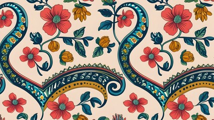 Traditional Ornamental Wallpaper with Chevron Bands and Floral Paisley