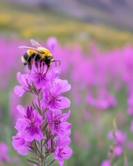 A bumblebee lands on a vibrant purple flower in a field, its legs delicately gripping the petals. The background is a soft-focus of more flowers and distant hills.