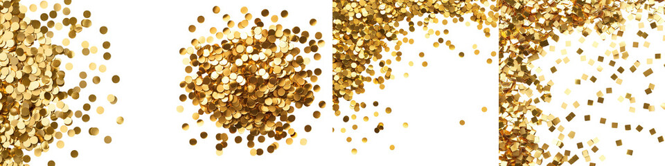Golden glitter confetti scattered across a bright white background creating a festive and luxurious design element