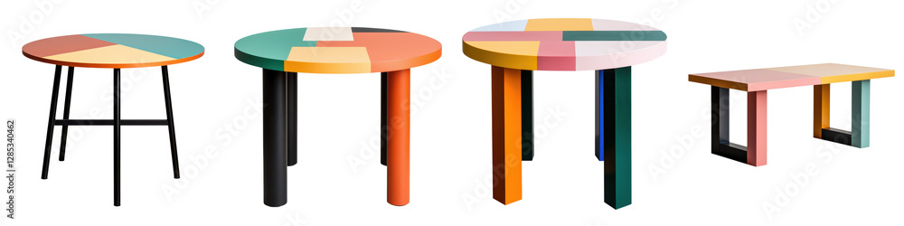 Poster collection of vibrant and geometric patterned accent tables in various shapes and sizes for contempo