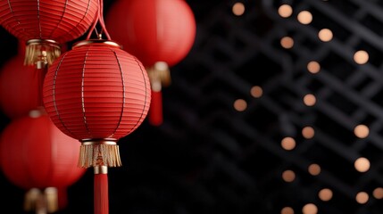 Obraz premium Glowing Red Festive Lanterns Illuminating Nighttime Cultural Celebration with Oriental Patterned Backdrop