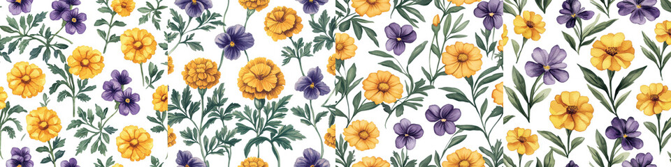 Beautifully floral arrangement featuring a variety of vibrant and colorful flowers including yellow and purple blossoms set against a backdrop of lush verdant foliage