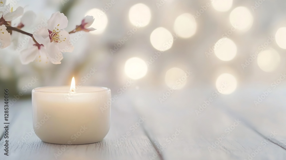 Poster delicate aroma candle surrounded by blossoms and soft bokeh background : generative ai