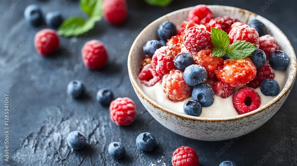 Poster delicious bowl of mixed berries with yogurt on dark background : generative ai
