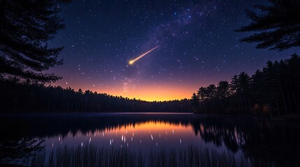 Naklejka premium A night sky over a lake with a shooting star and forest silhouette captures a fleeting moment of cosmic wonder