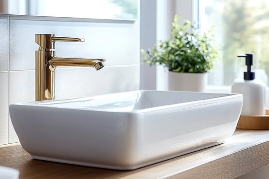 White ceramic vessel sink on wooden vanity with brass faucet in modern bathroom