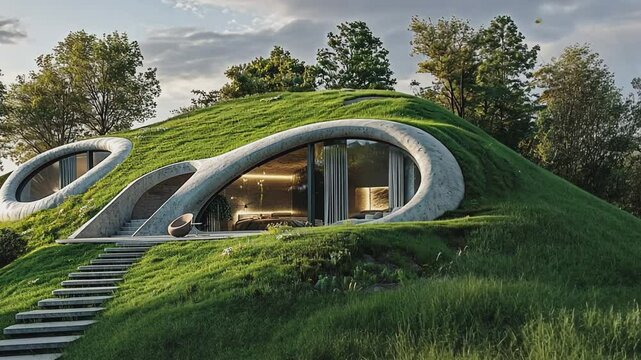 Earth-Sheltered Eco-Home: A modern, eco-friendly home seamlessly blends into its natural surroundings, featuring a grass-covered roof, organic architecture, and large windows that offer a serene view.