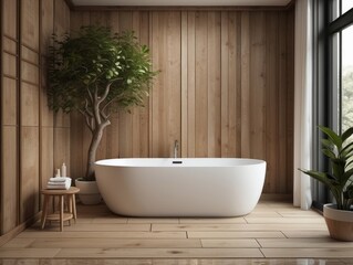Elegant modern bathroom features a freestanding tub with wooden accents
