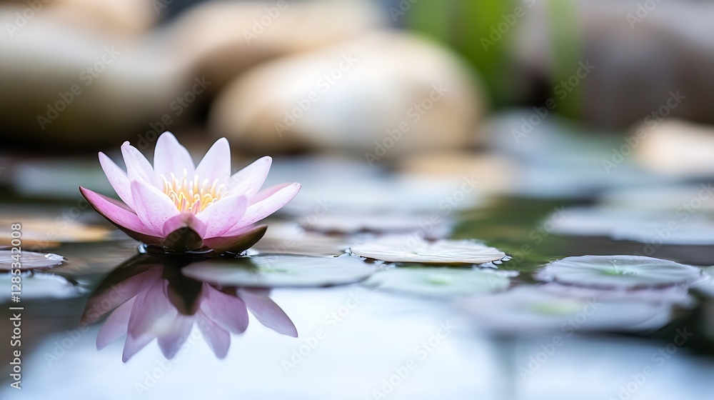 Poster elegant pink lotus flower floating serenely on a tranquil pond surrounded by smooth stones and refle