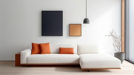 Cozy Scandinavian Minimalist Living Room with Corner Sofa and Pillows