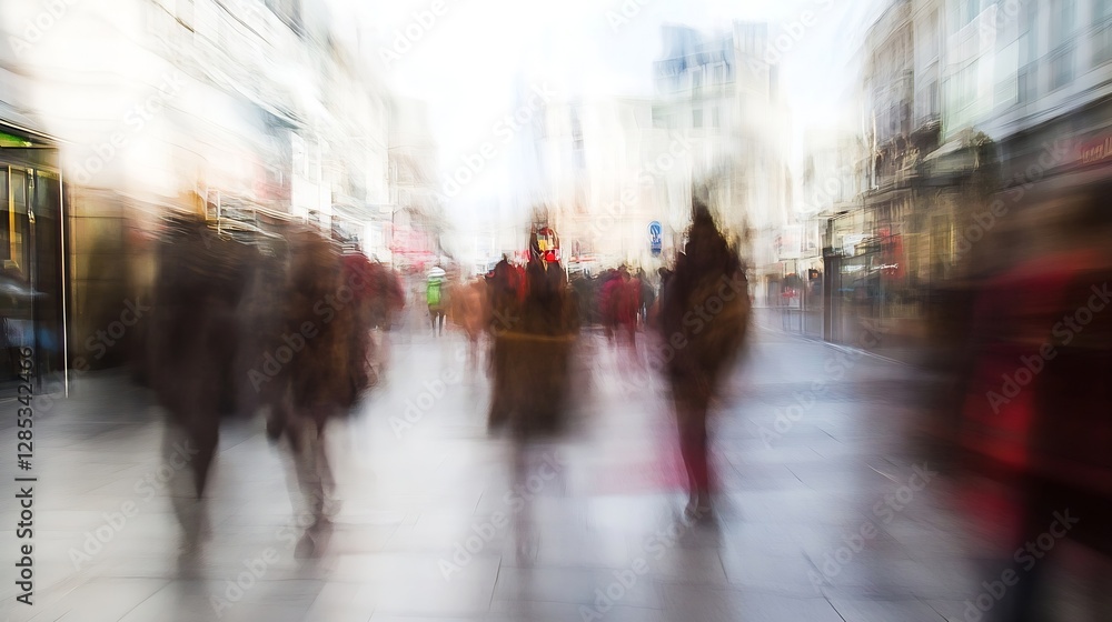 Poster dynamic street scene featuring blurred crowd of people walking in a busy urban area : generative ai