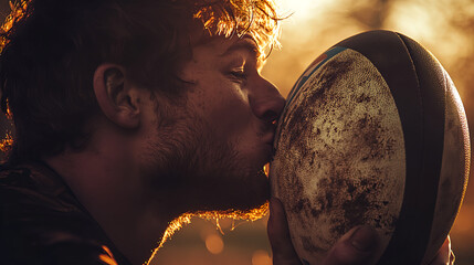 Rugby Player Kissing His Ball at Sunset