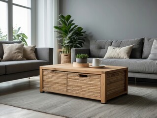 Obraz premium Cozy living room featuring a coffee table and gray sofas