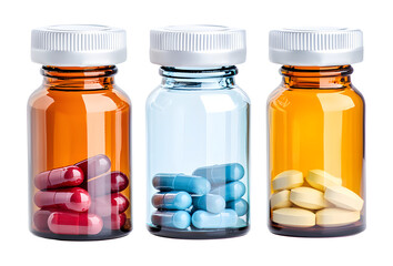 Medicine bottles with pills isolated on transparent background.