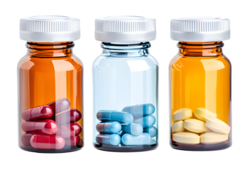Medicine bottles with pills isolated on transparent background.