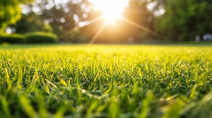Golden Sunlight Shining on a Dewy Green Grass Field at Sunset : Generative AI