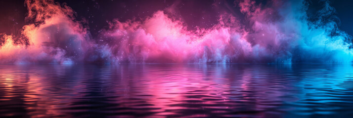 Obraz premium An abstract background with pink and blue neon light, smoke on a dark surface, creating a glowing line effect.