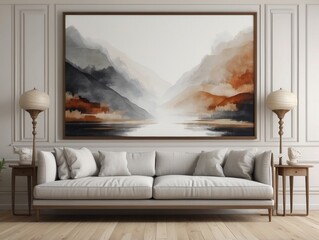 Cozy living room features a landscape painting above a sofa