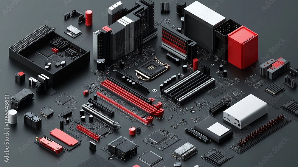 Poster computer components: a 3d isometric view of pc hardware