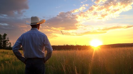Cowboy Silhouette Against a Magnificent Sunset on an Open Field : Generative AI