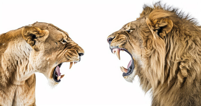 A male lion and a female lion roaring at each other against an all-white backdrop, showing the side view of their heads facing the camera with angry expressions and sharp teeth visible.
