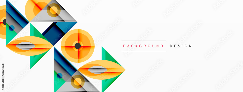 Poster Geometric abstract composition with intersecting shapes, circles, triangles, and gradients, blending vibrant colors and dynamic contrasts to create a modern, futuristic visual design