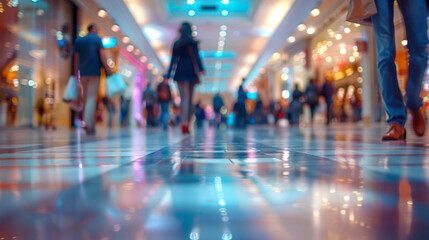 Close-up view from floor level in a busy mall with people strolling, showing blurred motion and a bokeh effect.