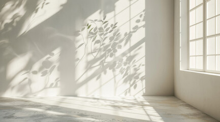 A white wall with a window casting intricate shadows on the floor, creating an abstract and minimalist background for product display or presentation.