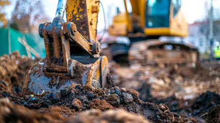 Fototapeta premium A close-up of an excavator in the background digging into dirt at a construction site, with a bokeh effect and shallow depth of field.