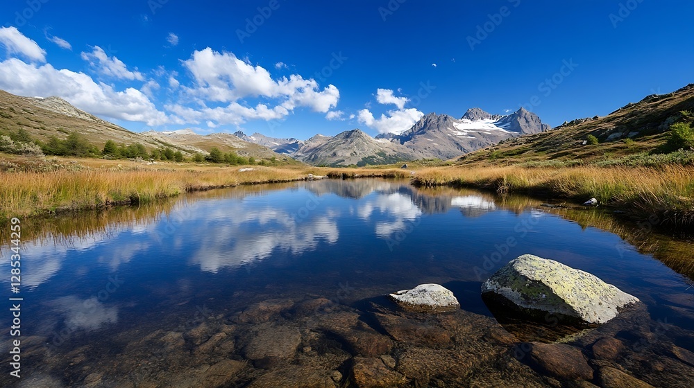 Poster scenic mountain reflection in a tranquil lake under a clear sky : generative ai