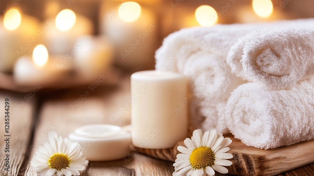 Aufkleber Spa Setup with Soft Towels Candles and Daisies Creating a Relaxing and Feminine Atmosphere : Generative AI