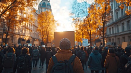 Obraz premium A peaceful demonstration takes place outdoors, with determined protestors holding signs and chanting slogans to advocate for human rights and equality