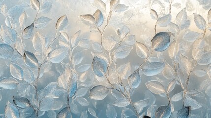 Frosted Leaves Create a Delicate Pattern on a Glass Surface During a Cold Winter Morning