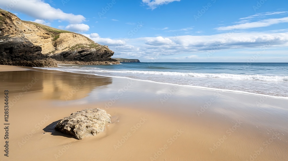 Poster Serene Beach Scene with Gentle Waves and Dramatic Cliffs Under a Clear Sky : Generative AI