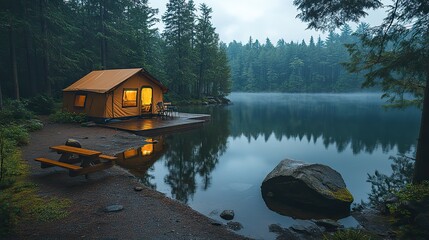 A peaceful lakeside camping scene is nestled in a tranquil forest, offering a serene escape in nature