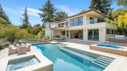 Fototapeta premium Modern luxury home with pool, spa, and patio.