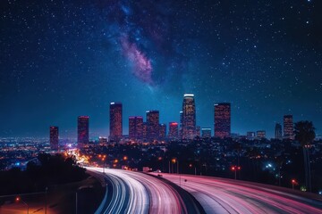 Stunning time lapse captures the Milky Way above a vibrant city skyline at night, Time Lapse of the starry night sky and the Milky Way rising over the glowing lights of Los Angles