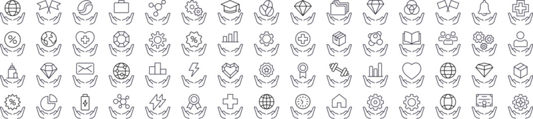 Time, Gem, Health etc over Open Hand Thin Line Icon Set. Outline Signs for Graphic and Web Design, Apps, Adverts, Various Cards
