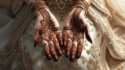 Elegant Top-View Close-Up of Bridal Henna – Intricate Arabic Mehndi Floral Patterns Applied with a Cone Before the Wedding
