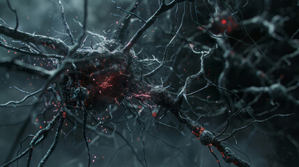 3D close-up view of a glowing brain cell network with neurons and capillaries against a dark background with cinematic lighting.