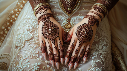 Elegant Top-View Close-Up of Bridal Henna – Intricate Arabic Mehndi Floral Patterns Applied with a Cone Before the Wedding