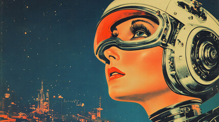 Retro sci fi poster 1950s futuristic woman space helmet artificial intelligence robot vintage aesthetic classic science fiction cinematic illustration bold colors,dreamy,alien,ai,time,travel,card