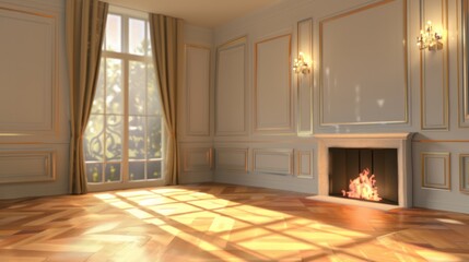 Cozy Empty Interior with Fireplace in 3D Render