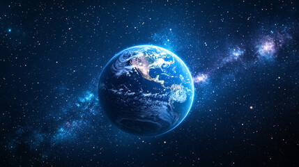 Fototapeta premium mesmerizing blue glow encircles planet Earth during an eclipse, set against the vast, starry dark space. The planet orbits a celestial body, creating a stunning cosmos display with bright, modern ligh