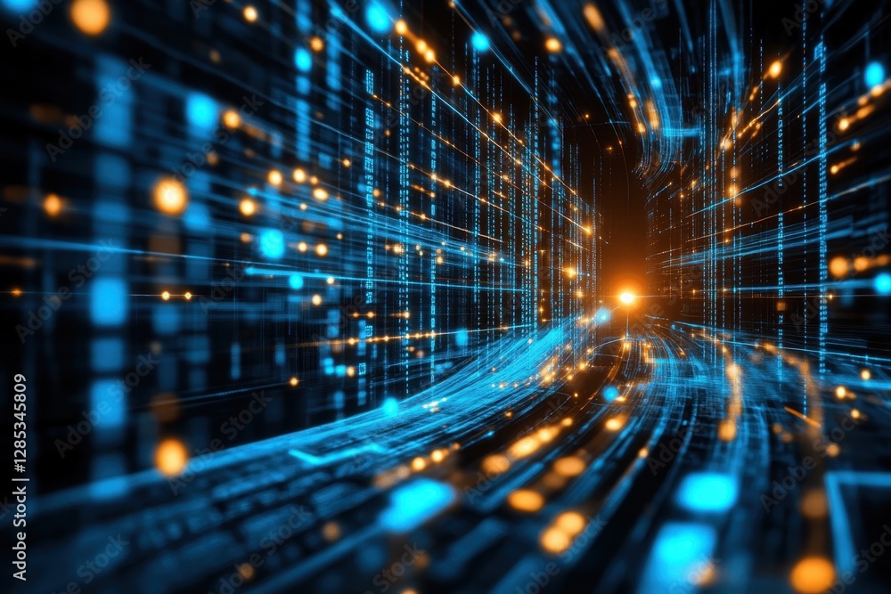 Poster data processing and connections represented through visual abstraction of a black hole environment, 
